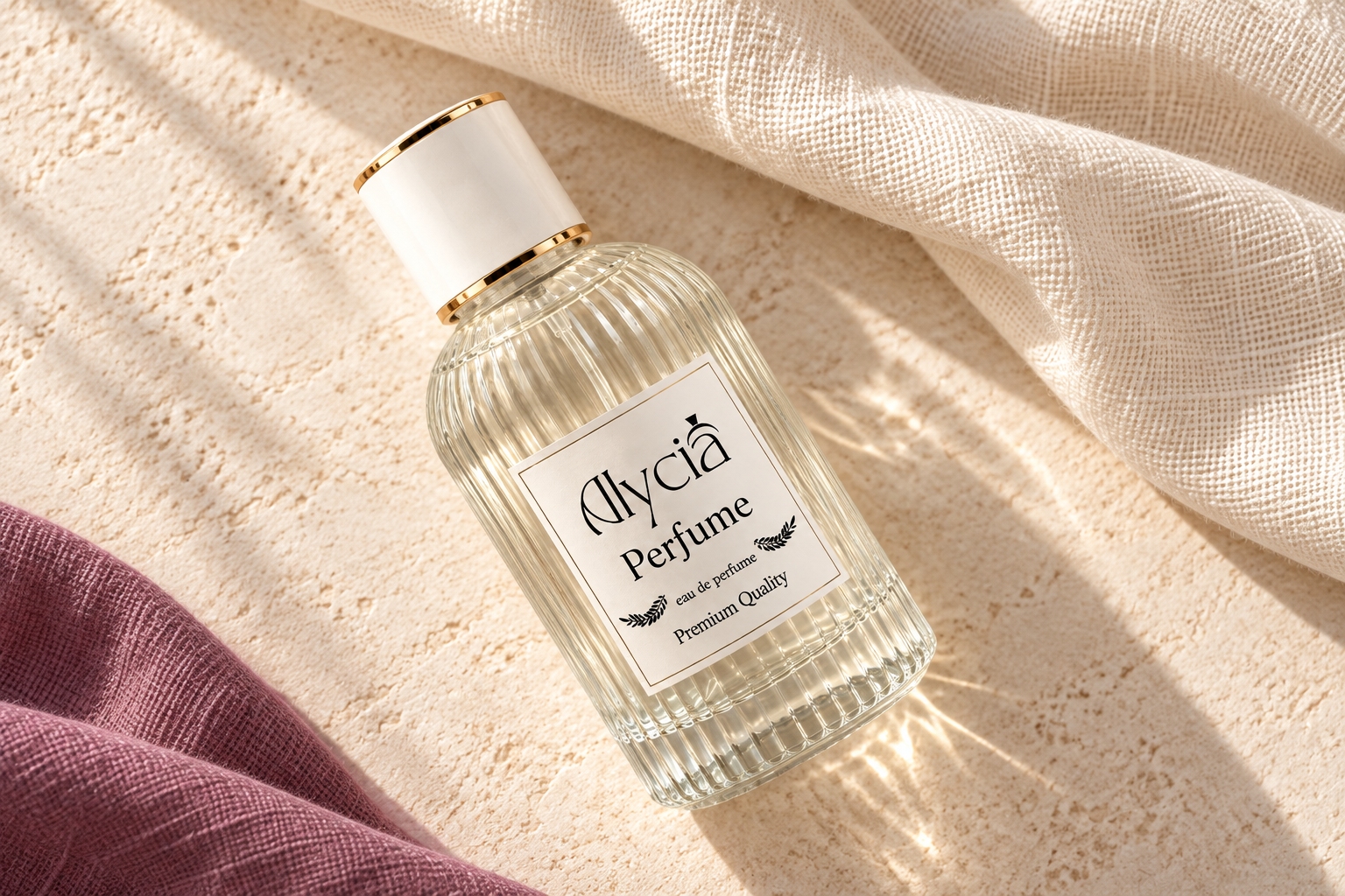 Botol Alycia berbaring diagonal pada permukaan ivory dengan kain plum, difoto dari atas