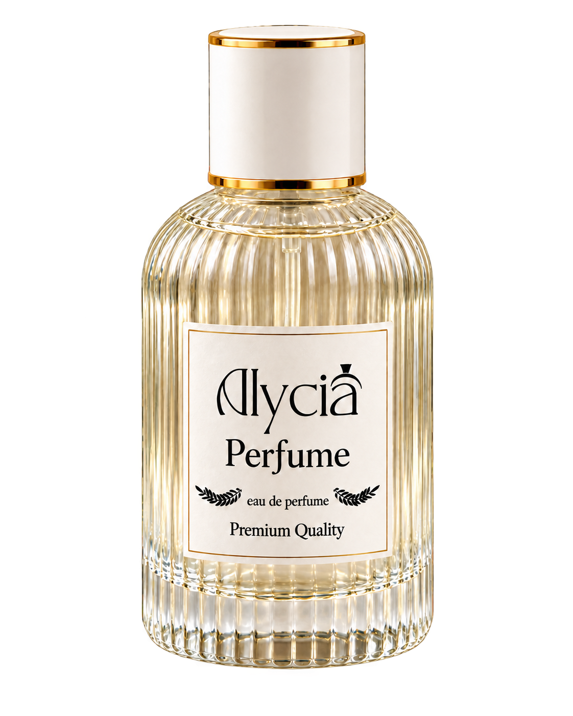 Botol Alycia Perfume dengan kaca beralur, tutup putih, dan detail emas